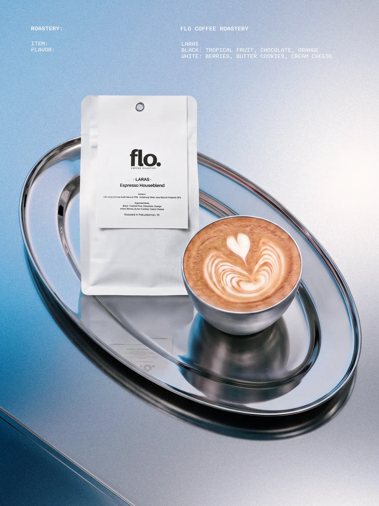 A flat white with latte art beside a bag of Laras Espresso Houseblend on a chrome tray.